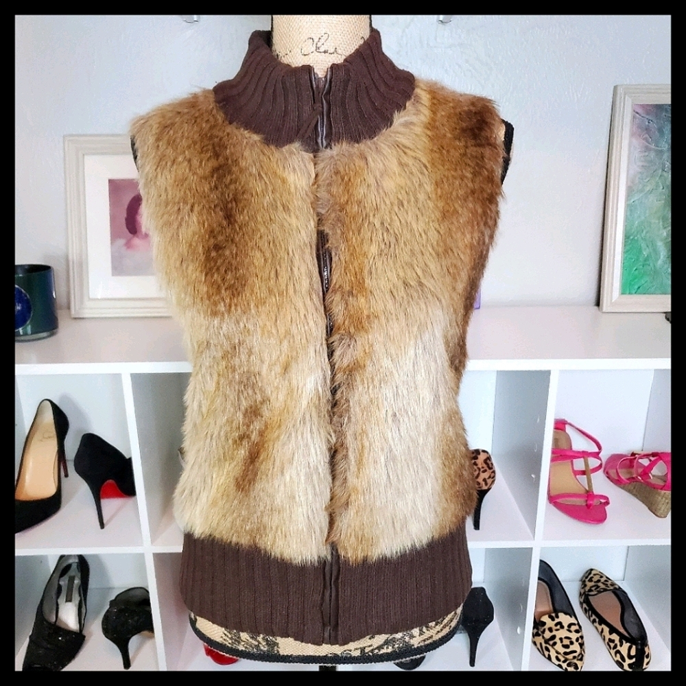 Derek Heart Brown Faux Fur Sweater Vest Zip Front Large